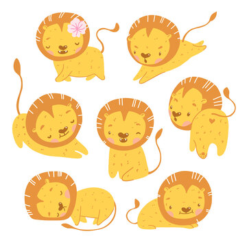 Baby Lion childish vector drawing. Set of cute funny clip art lion in different poses - walking, running, jumping, sitting, sleeping. Various friendly facial expressions. Children illustration. 