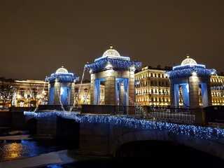 Beautiful night illumination of the Lomonosov Bridge in St. Petersburg. Russia, St.Peterburg 