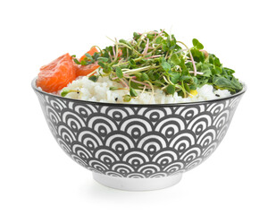 Tasty poke bowl with salmon and tofu cheese on white background