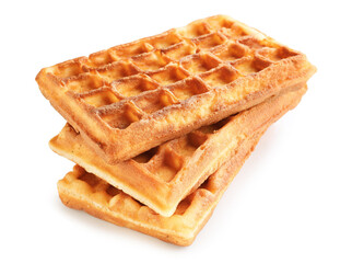Stack of delicious Belgian waffles on white background