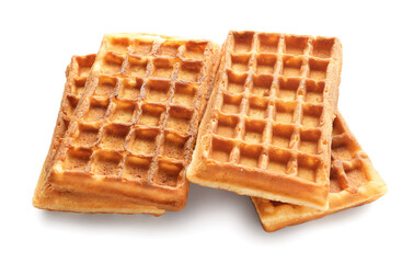 Delicious Belgian waffles on white background
