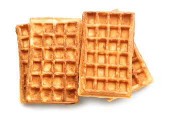 Delicious homemade Belgian waffles on white background