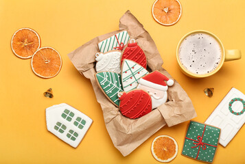 Beautiful cookies for Christmas celebration on color background