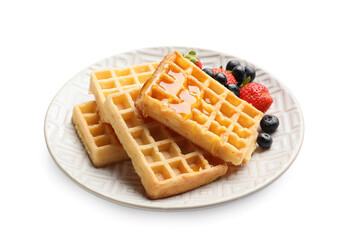 Plate of tasty Belgian Waffles with berries on white background