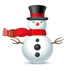 Laughing Christmas snowman in top hat and waving red scarf. Vector illustration on white background.