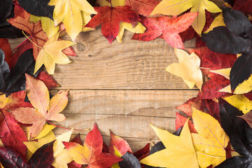 Autumn background with colorful leaves on the rustic wooden top with copy-space