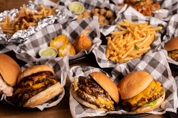 Finger Food Servings - Buffalo Wings, French Fries and Meat Dumpling