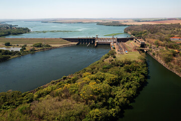aerial view of river in hydroelectric plant and lock on Tiete-Parana waterway