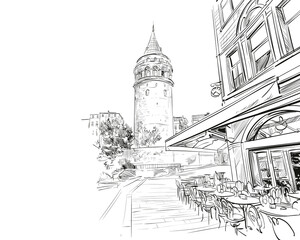 Galata Tower.Street cafe. Istanbul. Turkey. Urban sketch. Hand drawn, vector illustration