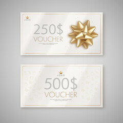 Fototapeta na wymiar Gift voucher with gold ribbon and bow. Discount luxury coupon. Vector illustration