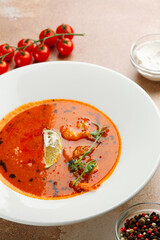 tom yum in white plate on concrete background. Spicy Thai food with ingredients on table. Spicy Thai food closeup