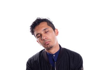 Tired and sleepy man on white background. Sleepy man sitting.