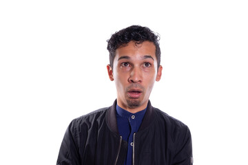 Man with idiot face isolated on white background. Young adult making silly face. Stupid face...