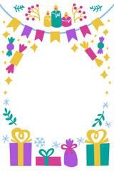 Winter holiday frame with space for text. Christmas, Hannukah, inclusive greeting card. Portrait-oriented with white background.