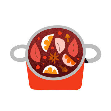 recommend clip art: Homemade mulled wine in cooking pot, hot red wine drink with apples, orange fruit spice. Christmas festive drink scented with cinnamon, clove and anise star, handdrawn doodle illustration, vector icon