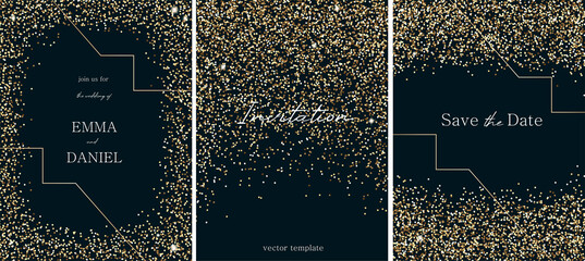 Set of vector abstract backgrounds with falling sparkle gold glitter. 