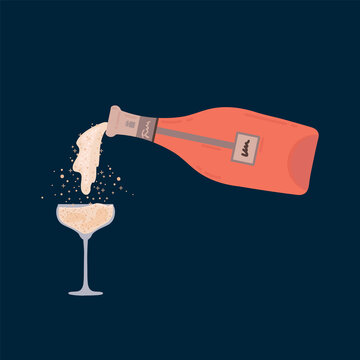 The bottle pours champagne into a glass. For the menu, a picture of Champagne and a retro glass. Sparkling wine is poured at a champagne party. Vector illustration