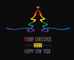 Merry Christmas Pride month and happy new year 2022 logo card with flag banner.Rainbow Pride christmas tree symbol with heart,LGBT,sexual minorities,gays and lesbians.Designer rainbow sign,icon.Vector