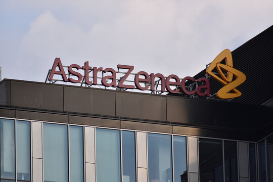 AstraZeneca sign, logo, symbol on the facade of AstraZeneca Poland, multinational pharmaceutical corporation, developer of COVID-19 vaccine. WARSAW, POLAND - SEPTEMBER 3, 2021