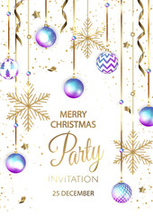 Merry Christmas and Happy New Year. Xmas background with Snowflakes and balls design.