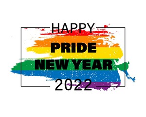 Merry Christmas Pride month and happy new year 2022 logo card with flag banner.Rainbow Pride christmas tree symbol with heart,LGBT,sexual minorities,gays and lesbians.Designer rainbow sign,icon.Vector