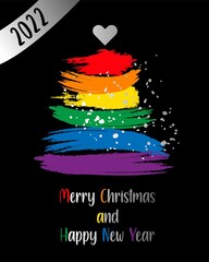 Merry Christmas Pride month and happy new year 2022 logo card with flag banner.Rainbow Pride christmas tree symbol with heart,LGBT,sexual minorities,gays and lesbians.Designer rainbow sign,icon.Vector