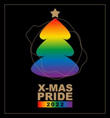 Naklejka premium Merry Christmas Pride month and happy new year 2022 logo card with flag banner.Rainbow Pride christmas tree symbol with heart,LGBT,sexual minorities,gays and lesbians.Designer rainbow sign,icon.Vector