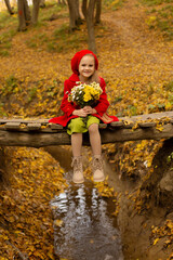 a beautiful happy little blonde girl in a red coat and a red beret is sitting on a bridge across a river in the city's autumn yellow park holding a bouquet of autumn flowers in her hands