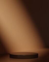 Minimalist dark brown pedestal or podium for product showcase background. Empty stage. Geometric cylinder backdrop. 3d render illustration