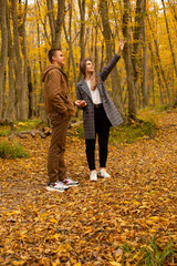a young beautiful couple a guy in an autumn beige jacket a young beautiful girl in a gray coat walking through the autumn city forest