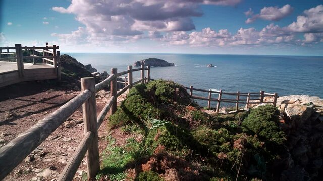 Seascape of Atlantic ocean and Asturias rocky coast at Cape Penas. Sea shore with high cliffs in north Spain.