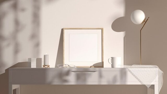 Blank wood small square frame mockup interior background, looped motion, 3d rendering. Empty brown framework for decorative image mock up. Clear canvas or snapshot on table template.