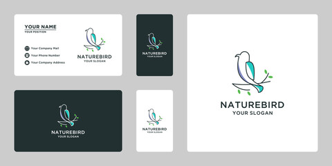 bird line art logo design with leaf combination. nature bird labels logo