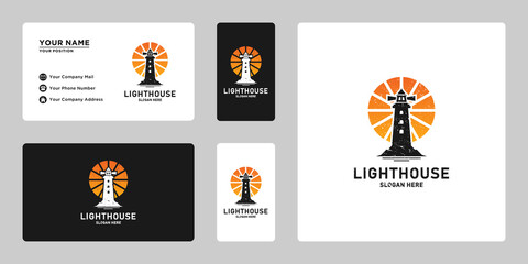 vintage lighthouse with sunset and grunge logo design template