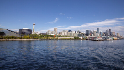 Seattle, Washington, USA - June 4 2021: Seattle skyline during summer. View from Elliott Bay. Space Needle. Washington state.