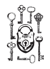 Vector banner with vintage keys and an old lock. Black and white illustration in retro style. Padlock and a set of beautiful antique keys of various shapes