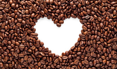 Coffee beans seamless background with heart shape hole. Top view