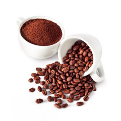 Two white cups with coffee beans and powder