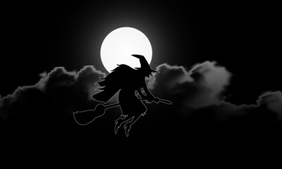 Witch on the background of the moon for halloween or Buona Befana, vector art illustration.