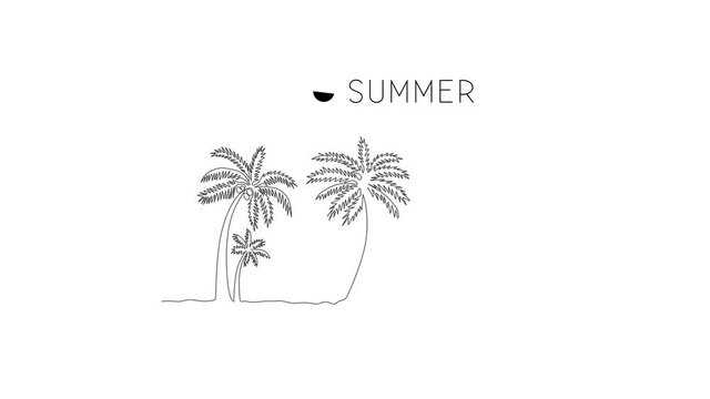 Animation of one line drawing of coconut tree. Decorative cocos nucifera palm for hello summer greeting post card. Tourism vacation concept. Continuous line self draw animated. Full length motion.