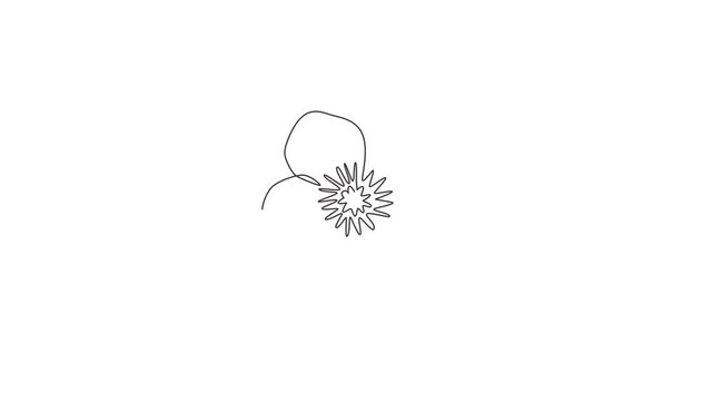 Animated self drawing of continuous line draw beauty buttercup fresh top view for home decol wall poster. Printable decorative ranunculus flower for green park icon. Full length single line animation.