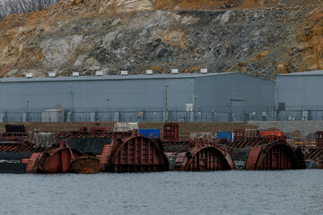 Spent compartments of a nuclear submarine in storage at sea. Conservation of nuclear radioactive...