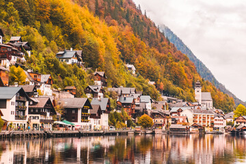 Hallstatt. A beautiful small town on the shore of a lake in the Austrian Alps.