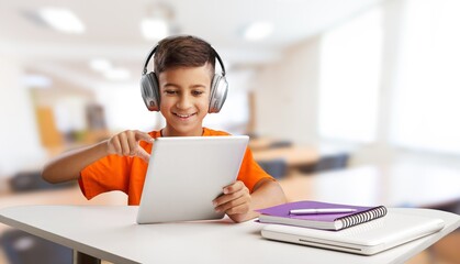 Little child taking class online and happy for Homeschool Quarantine coranavirus pandemic concept