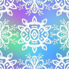 Seamless gradient mesh blurry background tribal ethnic rug motif pattern. High quality illustration. White hand drawn boho gipsy design on blue and green faded backdrop. Holographic iridescent look.