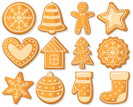 Christmas gingerbread, food for the winter holidays. Cartoon style. A set of figures for New Year's baking. Vector image, illustration