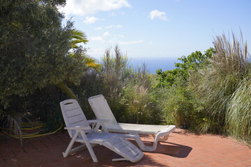 deck chairs in the terrace with flowers
