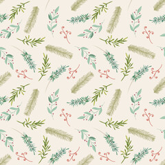 Seamless background with green leaves and red berry doodles, white background. Luxury pattern for creating textiles, scrapbook, wallpaper, paper. Vintage. Romantic floral Illustration