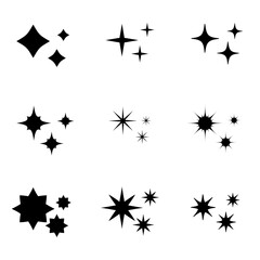 A set of black stars. Vector with a set of stars. There are four or eight ends. Sharp and blunt asterisks, a selection with various asterisks.