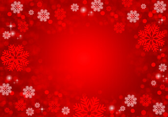 Festive red winter background with snowflakes, glitter and lights.